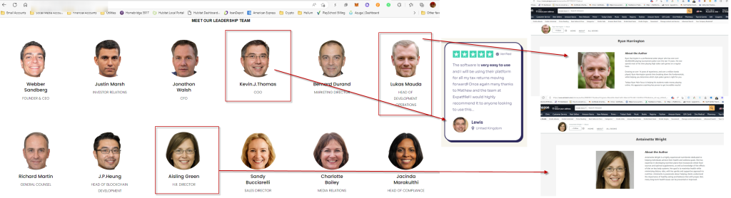 An example reverse image search of ‘team’ members reveals other uses of the same photos on unrelated sites.